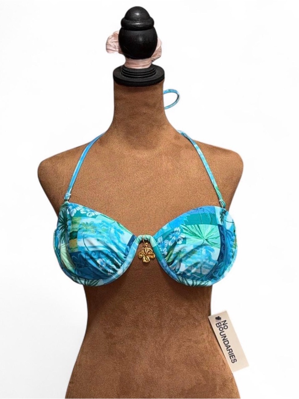 No Boundaries Blue Green Tropical Print Halter Bikini Top